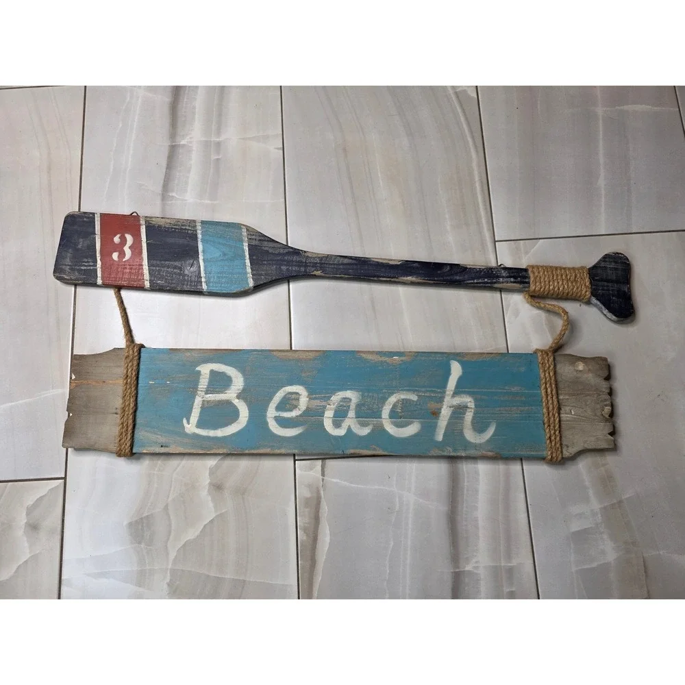 Rustic Wooden Beach Sign with Oar Nautical Wall Decor Distressed Coastal Art